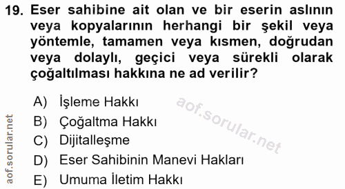 19. soru: Eser sahibine ait olan ve bir eserin aslının veya kopyalarının herhangi bir şekil veya yöntemle, tamamen veya kısmen,…