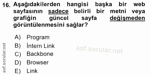 16. soru: Aşağıdakilerden hangisi başka bir web sayfasının sadece belirli bir metni veya grafiğin güncel sayfa değismeden görün…