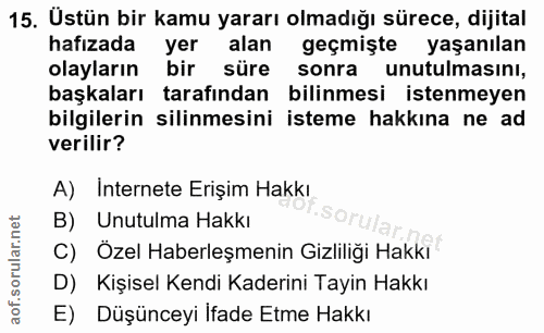 15. soru: Üstün bir kamu yararı olmadığı sürece, dijital hafızada yer alan geçmişte yaşanılan olayların bir süre sonra unutulma…