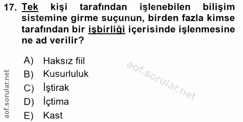 17. soru: Tek kişi tarafından işlenebilen bilişim sistemine girme suçunun, birden fazla kimse tarafından bir işbirliği içerisin…