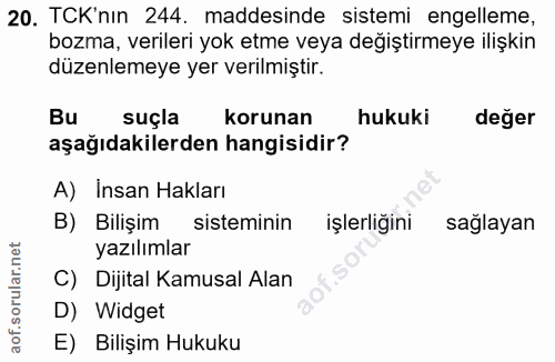 20. soru: TCK'nın 244. maddesinde sistemi engelleme, bozma, verileri yok etme veya değiştirmeye ilişkin düzenlemeye yer verilmi…