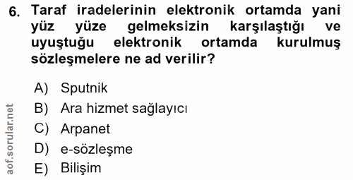 6. soru: Taraf iradelerinin elektronik ortamda yani yüz yüze gelmeksizin karşılaştığı ve uyuştuğu elektronik ortamda kurulmuş…