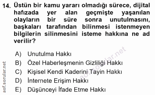 14. soru: Üstün bir kamu yararı olmadığı sürece, dijital hafızada yer alan geçmişte yaşanılan olayların bir süre sonra unutulma…