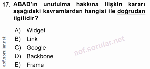 17. soru: ABAD'ın unutulma hakkına ilişkin kararı aşağıdaki kavramlardan hangisi ile doğrudan ilgilidir? A) Widget B) Link C) G…