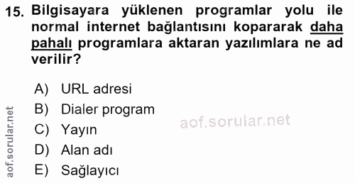 15. soru: Bilgisayara yüklenen programlar yolu ile normal internet bağlantısını kopararak daha pahalı programlara aktaran yazıl…
