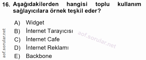 16. soru: Aşağıdakilerden hangisi toplu kullanım sağlayıcılara örnek teşkil eder? A) Widget B) Internet Tarayıcısı C) Internet…