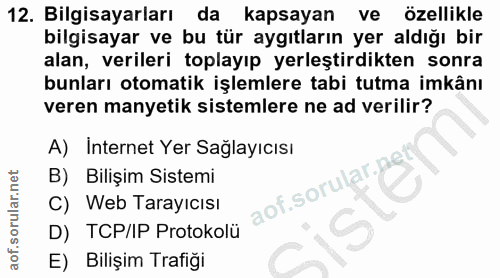 12. soru: Bilgisayarları da kapsayan ve özellikle bilgisayar ve bu tür aygıtların yer aldığı bir alan, verileri toplayıp yerleş…
