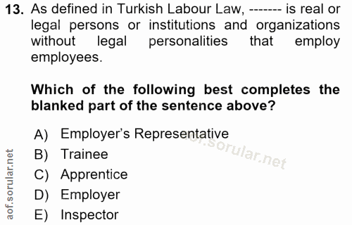 13. soru: As defined in Turkish Labour Law, - is real or legal persons or institutions and organizations without legal personal…