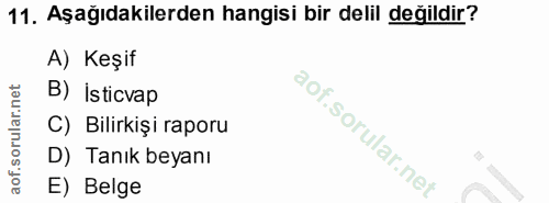 11. soru: Aşağıdakilerden hangisi bir delil değildir? A) Keşif B) İsticvap C) Bilirkişi raporu D) Tanık beyanı E) Belge