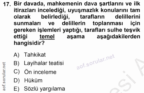 17. soru: Bir davada, mahkemenin dava şartlarını ve ilk itirazları incelediği, uyuşmazlık konularını tam olarak belirlediği, ta…