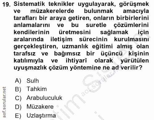 19. soru: Sistematik teknikler uygulayarak, görüşmek ve müzakerelerde bulunmak amacıyla tarafları bir araya getiren, onların bi…