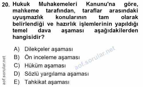 20. soru: Hukuk Muhakemeleri Kanunu'na göre, mahkeme tarafından, taraflar arasındaki uyuşmazlık konularının tam olarak belirlen…