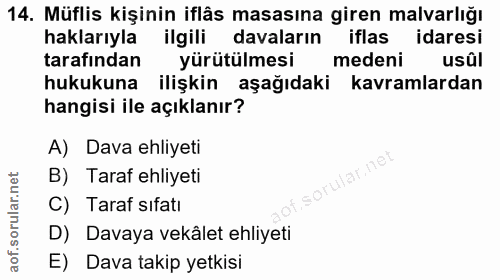14. soru: Müflis kişinin iflâs masasına giren malvarlığı haklarıyla ilgili davaların iflas idaresi tarafından yürütülmesi meden…