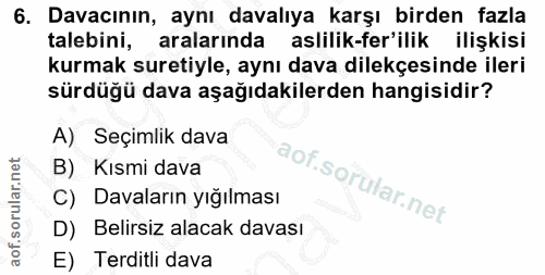 6. soru: Davacının, aynı davalıya karşı birden fazla talebini, aralarında aslilik-fer'ilik ilişkisi kurmak suretiyle, aynı dav…