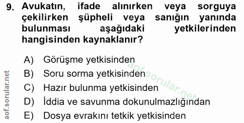 9. soru: Avukatın, ifade alınırken veya sorguya çekilirken şüpheli veya sanığın yanında bulunması aşağıdaki yetkilerinden hang…