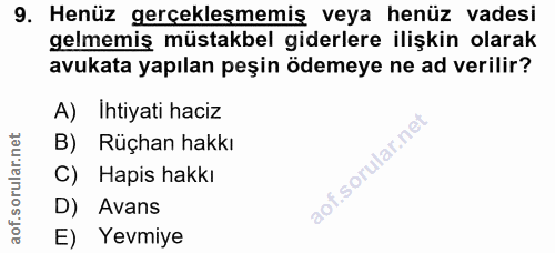 9. soru: Henüz gerçeklesmemiş veya henüz vadesi gelmemiş müstakbel giderlere ilişkin olarak avukata yapılan peşin ödemeye ne a…