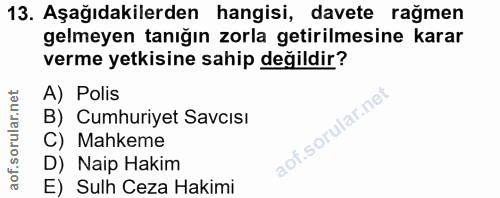 13. soru: Aşağıdakilerden hangisi, davete rağmen gelmeyen tanığın zorla getirilmesine karar verme yetkisine sahip değildir? A)…