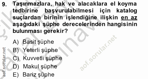 9. soru: Taşınmazlara, hak ve alacaklara el koyma tedbirine başvurulabilmesi için katalog suçlardan birinin işlendiğine ilişki…