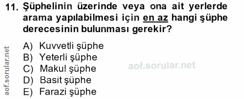 11. soru: Şüphelinin üzerinde veya ona ait yerlerde arama yapılabilmesi için en az hangi şüphe derecesinin bulunması gerekir? A…