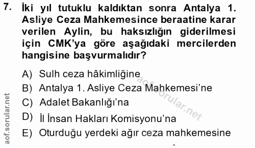 7. soru: İki yıl tutuklu kaldıktan sonra Antalya 1. Asliye Ceza Mahkemesince beratine karar verilen Aylin, bu haksızlığın gide…