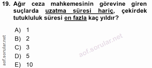 19. soru: Ağır ceza mahkemesinin görevine giren suçlarda uzatma süresi hariç, çekirdek tutukluluk süresi en fazla kaç yıldır? A…