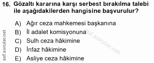 16. soru: Gözaltı kararına karşı serbest bırakılma talebi ile aşağıdakilerden hangisine başvurulur? A) Ağır ceza mahkemesi başk…