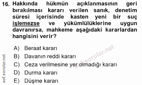 16. soru: Hakkında hükmün açıklanmasının geri bırakılması kararı verilen sanık, denetim süresi içerisinde kasten yeni bir suç i…