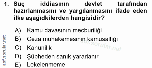 1. soru: Suç iddiasının devlet tarafından hazırlanmasını ve yargılanmasını ifade eden ilke aşağıdkilerden hangisidir? A) Kamu…