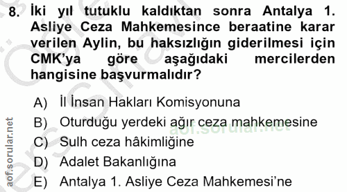 8. soru: İki yıl tutuklu kaldıktan sonra Antalya 1. Asliye Ceza Mahkemesince beratine karar verilen Aylin, bu haksızlığın gide…