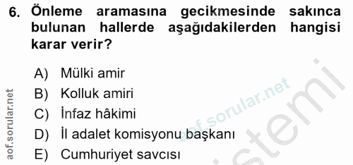 6. soru: ' Önleme aramasına gecikmesinde sakınca bulunan hallerde aşağıdakilerden hangisi karar verir? A) Mülki amir B) Kolluk…