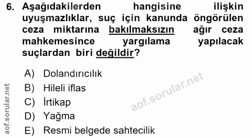 6. soru: Aşağıdakilerden hangisine ilişkin uyuşmazlıklar, suç için kanunda öngörülen ceza miktarına bakılmaksızın ağır ceza ma…