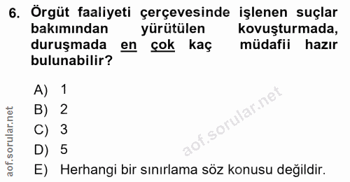 6. soru: Örgüt faaliyeti çerçevesinde işlenen suçlar bakımından yürütülen kovuşturmada, duruşmada en çok kaç müdafii hazır bul…