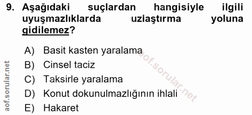9. soru: Aşağıdaki suçlardan hangisiyle ilgili uyuşmazlıklarda uzlaştırma yoluna gidilemez? A) Basit kasten yaralama B) Cinsel…