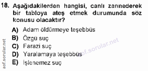 18. soru: Aşağıdakilerden hangisi, canlı zannederek bir tabloya ateş etmek durumunda söz konusu olacaktır? A) Adam öldürmeye te…