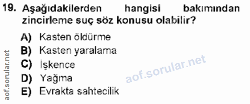 19. soru: Aşağıdakilerden hangisi bakımından zincirleme suç söz konusu olabilir? A) Kasten öldürme B) Kasten yaralama C) Işkenc…