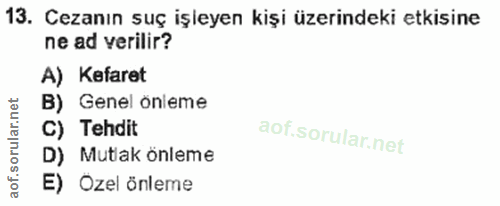 13. soru: Cezanın suç işleyen kişi üzerindeki etkisine ne ad verilir? A) Kefaret B) Genel önleme C) Tehdit D) Mutlak önleme E)…