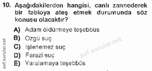 10. soru: Aşağıdakilerden hangisi, canlı zannederek bir tabloya ateş etmek durumunda söz konusu olacaktır? A) Adam öldürmeye te…