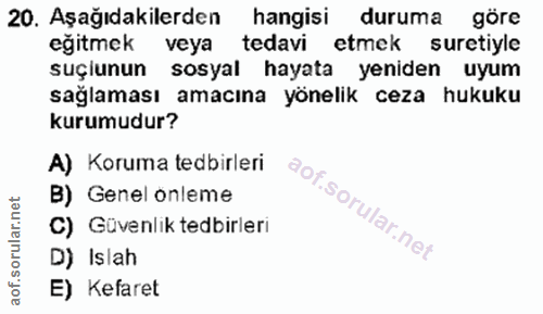 20. soru: Aşağıdakilerden hangisi duruma göre eğitmek veya tedavi etmek suretiyle suçlunun sosyal hayata yeniden uyum sağlaması…