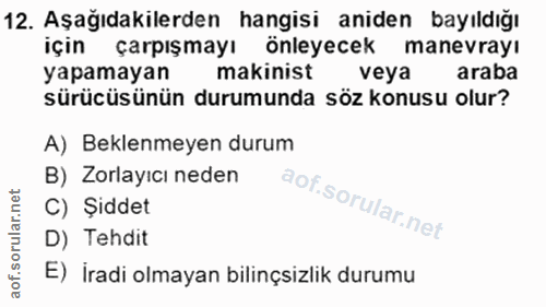12. soru: Aşağıdakilerden hangisi aniden bayıldığı için çarpışmayı önleyecek manevrayı yapamayan makinist veya araba sürücüsünü…