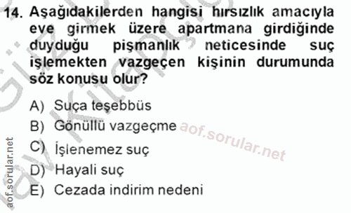 14. soru: Aşağıdakilerden hangisi hırsızlık amacıyla eve girmek üzere apartmana girdiğinde duyduğu pişmanlık neticesinde suç iş…