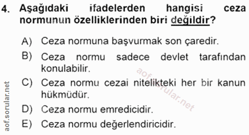 4. soru: Aşağıdaki ifadelerden hangisi ceza normunun özelliklerinden biri değildir? A) Ceza normuna başvurmak son çaredir. B)…