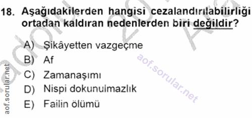 18. soru: Aşağıdakilerden hangisi cezalandırılabilirliği ortadan kaldıran nedenlerden biri değildir? A) Şikâyetten vazgeçme B)…