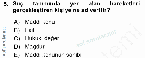 5. soru: Suç tanımında yer alan hareketleri gerçekleştiren kişiye ne ad verilir? A) Maddi konu B) Fail C) Hukuki değer D) Mağd…