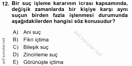 12. soru: Bir suç işleme kararının icrası kapsamında, değişik zamanlarda bir kişiye karşı aynı suçun birden fazla işlenmesi dur…