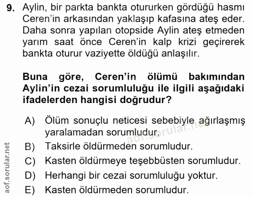 9. soru: Aylin, bir parkta bankta otururken gördüğü hasmı Ceren'in arkasından yaklaşıp kafasına ateş eder. Daha sonra yapılan…