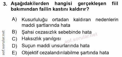 3. soru: Aşağıdakilerden hangisi gerçekleşen fiil bakımından failin kastını kaldırır? A) Kusurluluğu ortadan kaldıran nedenler…