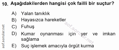 10. soru: Aşağıdakilerden hangisi çok failli bir suçtur? A) Yalan tanıklık Hayasızca hareketler rular.n C) Fuhuş D) Kumar oynan…