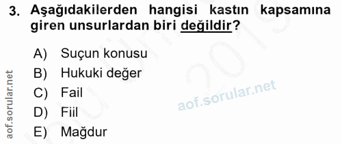 3. soru: Aşağıdakilerden hangisi kastın kapsamına giren unsurlardan biri değildir? A) Suçun konusu B) Hukuki değer C) Fail D)…