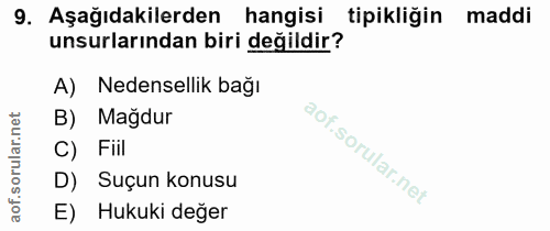 9. soru: Aşağıdakilerden hangisi tipikliğin maddi unsurlarından biri değildir? A) Nedensellik bağı B) Mağdur C) Fiil D) Suçun…