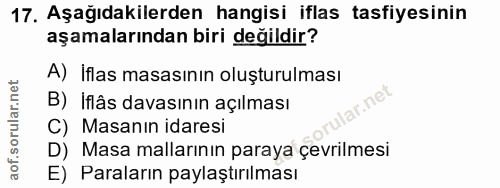 17. soru: Aşağıdakilerden hangisi iflas tasfiyesinin aşamalarından biri değildir? A) İflas masasının oluşturulması B) iflâs dav…